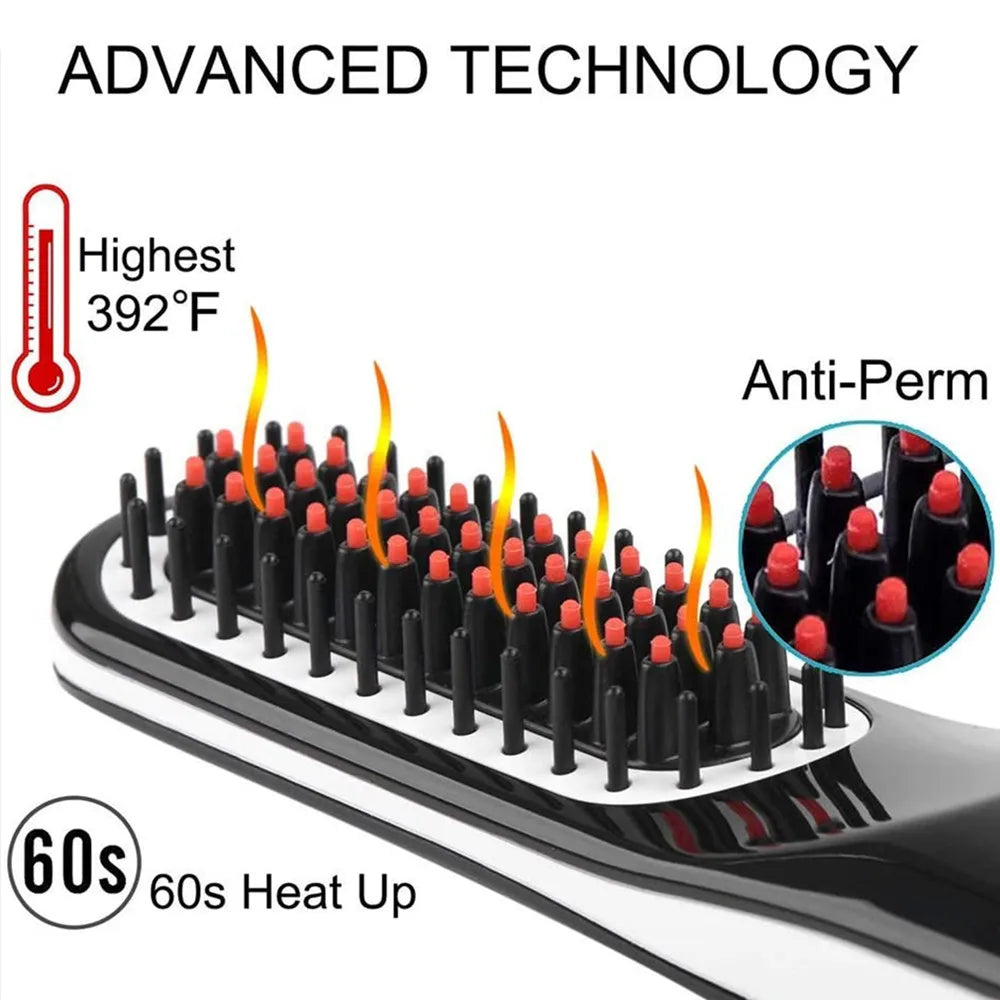 Multifunctional Mini Hair Comb Wireless, a sleek heated brush for hair and beard styling, featuring an LCD display and USB charging capability.