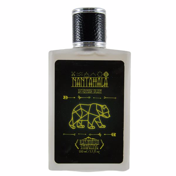 Nantahala Aftershave Splash by Murphy and McNeil in a stylish bottle, showcasing its vibrant label inspired by nature.