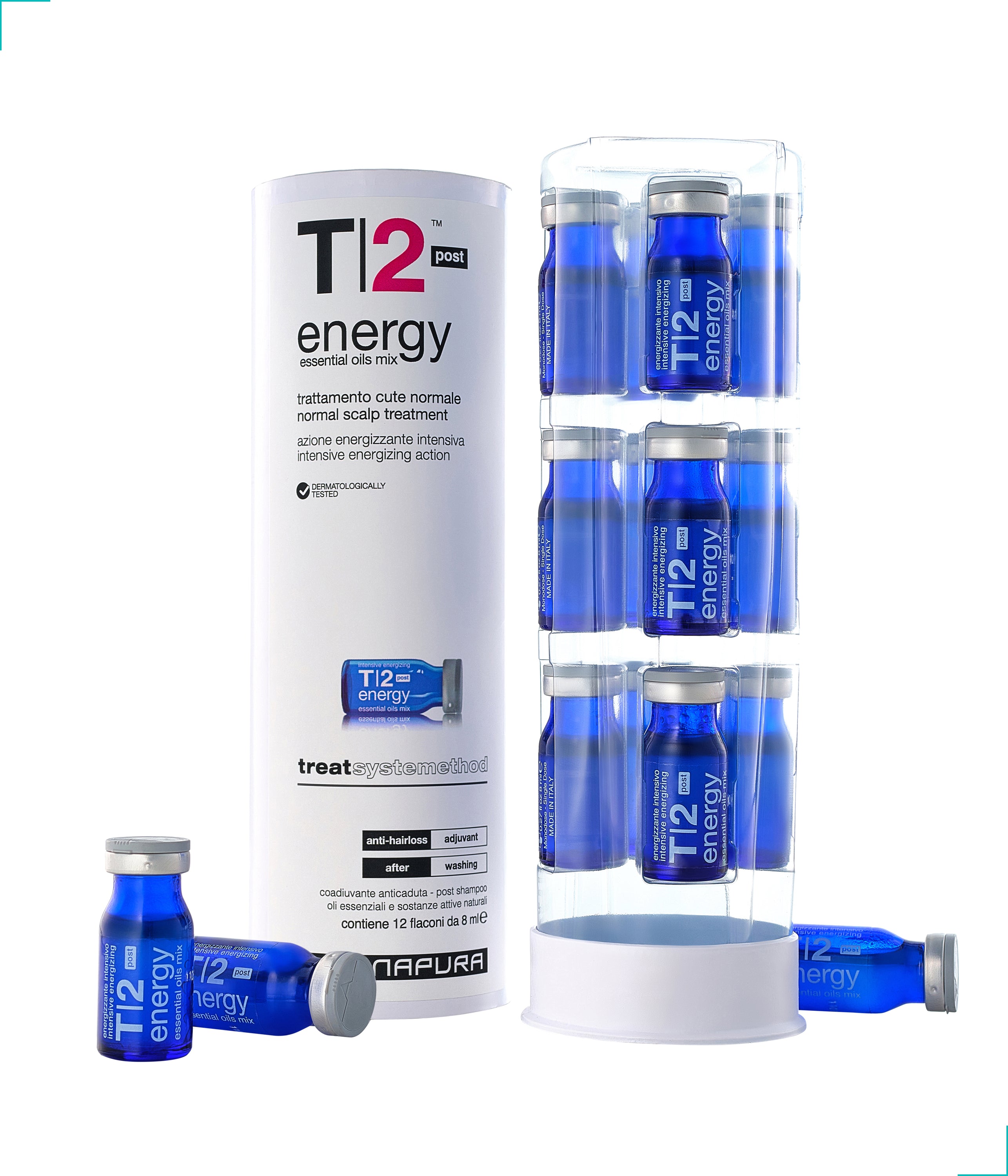 NAPURA T2 Hair Loss Leave-In Vials, 12 vials of natural hair growth oil treatment for weak and fine hair.