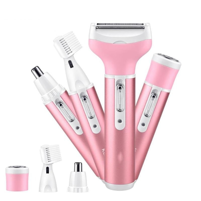 NEW 4 In 1 Women Razor Shaver in pink color, showcasing its multiple grooming heads for shaving, eyebrow shaping, and nose hair trimming.