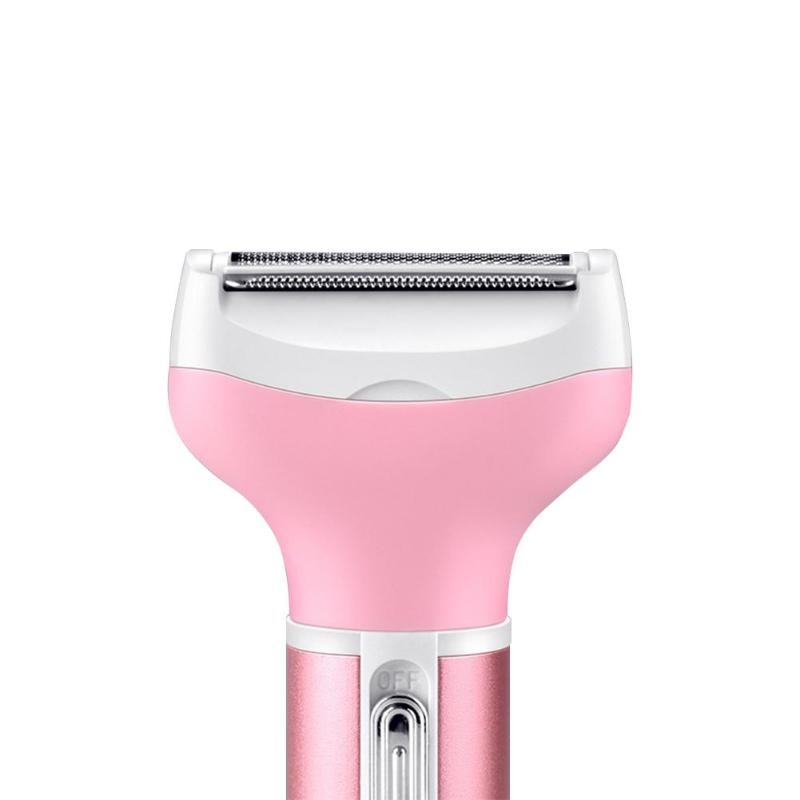 NEW 4 In 1 Women Razor Shaver in pink color, showcasing its multiple grooming heads for shaving, eyebrow shaping, and nose hair trimming.