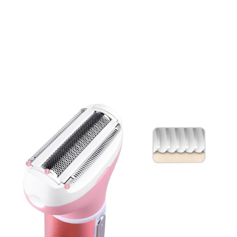 NEW 4 In 1 Women Razor Shaver in pink color, showcasing its multiple grooming heads for shaving, eyebrow shaping, and nose hair trimming.