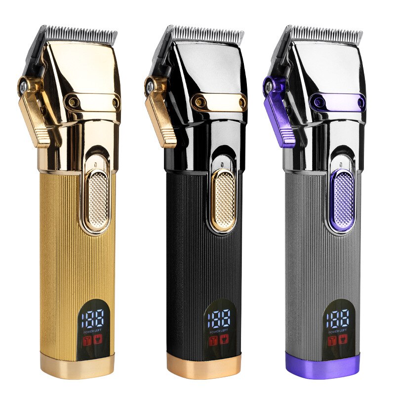 New Color Oil Head Professional Hair Clipper with LCD display, showcasing its sleek design and professional-grade steel blade.