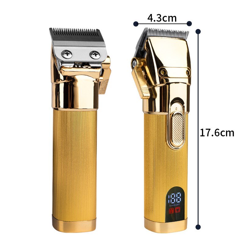 New Color Oil Head Professional Hair Clipper with LCD display, showcasing its sleek design and professional-grade steel blade.