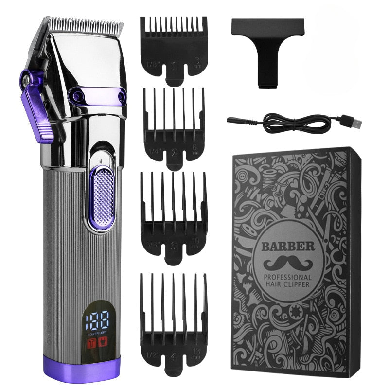 New Color Oil Head Professional Hair Clipper with LCD display, showcasing its sleek design and professional-grade steel blade.