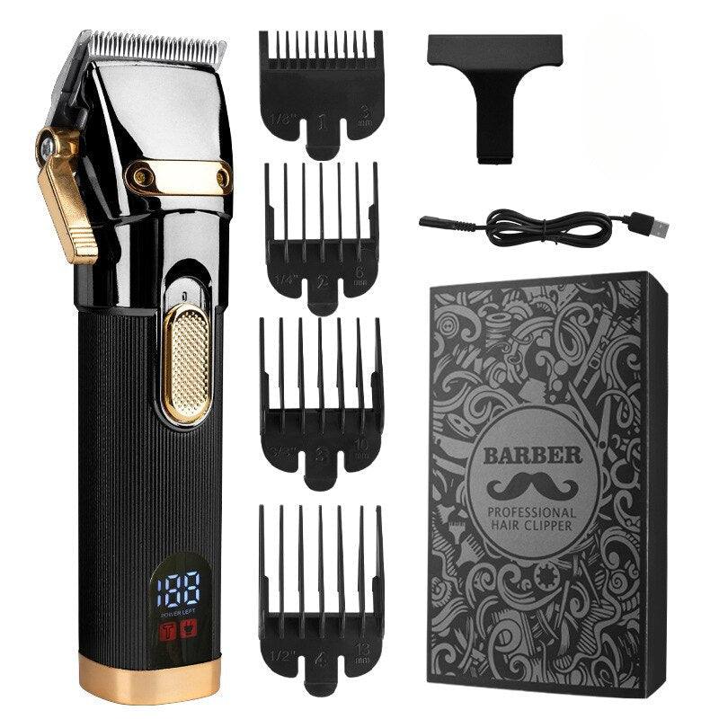 New Color Oil Head Professional Hair Clipper with LCD display, showcasing its sleek design and professional-grade steel blade.