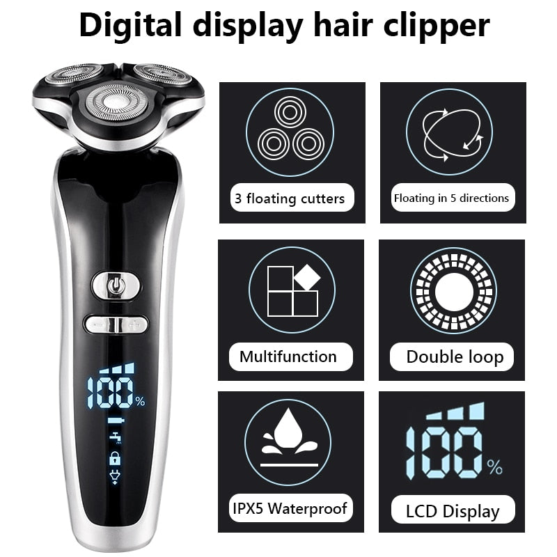 New Electric Shaver for Men with 4D technology, USB charging, and waterproof design, showcasing its sleek and modern appearance.