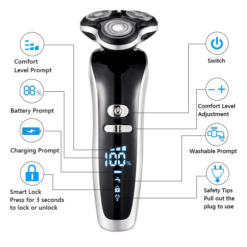 New Electric Shaver for Men with 4D technology, USB charging, and waterproof design, showcasing its sleek and modern appearance.