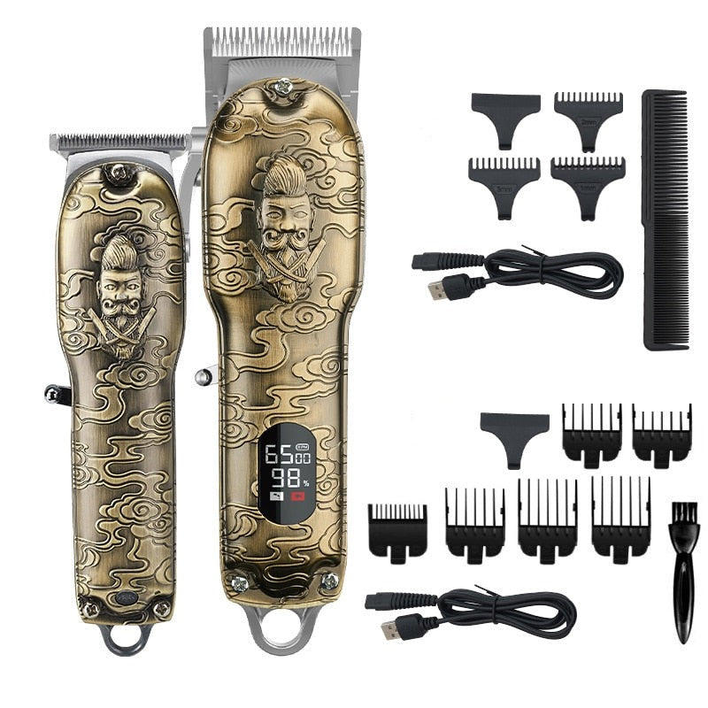 New Professional Hair Clipper Set featuring two clippers, limit combs, and accessories in a sleek design, ideal for barbers and home use.