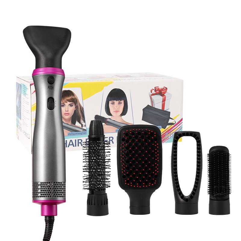 A multifunctional hot air comb with various attachments for hairstyling, showcasing its sleek design and ergonomic handle.