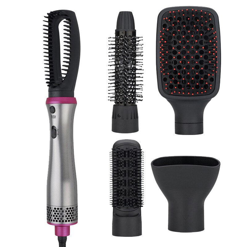 A multifunctional hot air comb with various attachments for hairstyling, showcasing its sleek design and ergonomic handle.