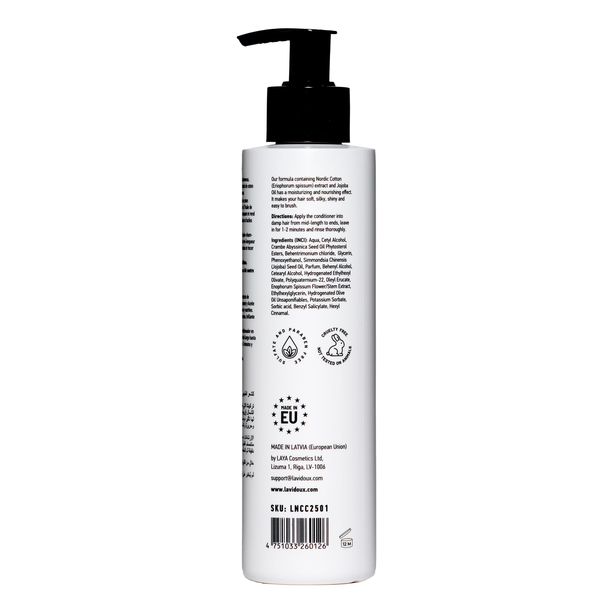 Nordic Cotton Conditioner bottle with natural ingredients, showcasing its gentle formula for all hair types.