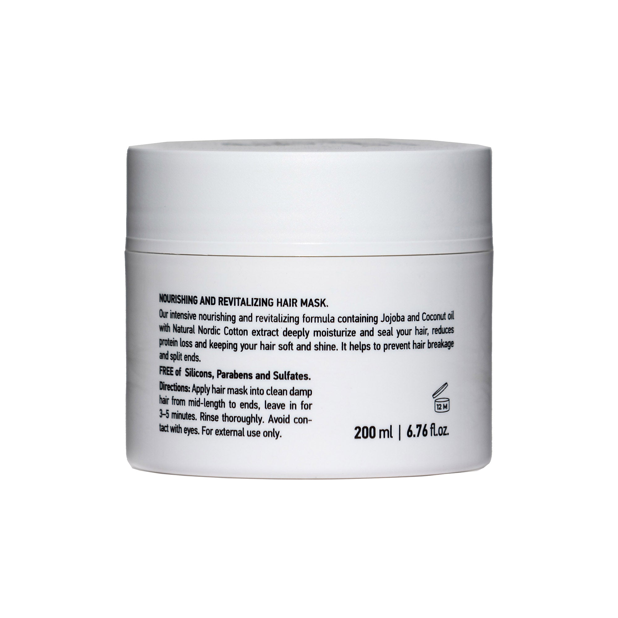 Nordic Cotton Mask in a 200 ml container, featuring natural ingredients like Jojoba and Coconut Oil for hair nourishment.