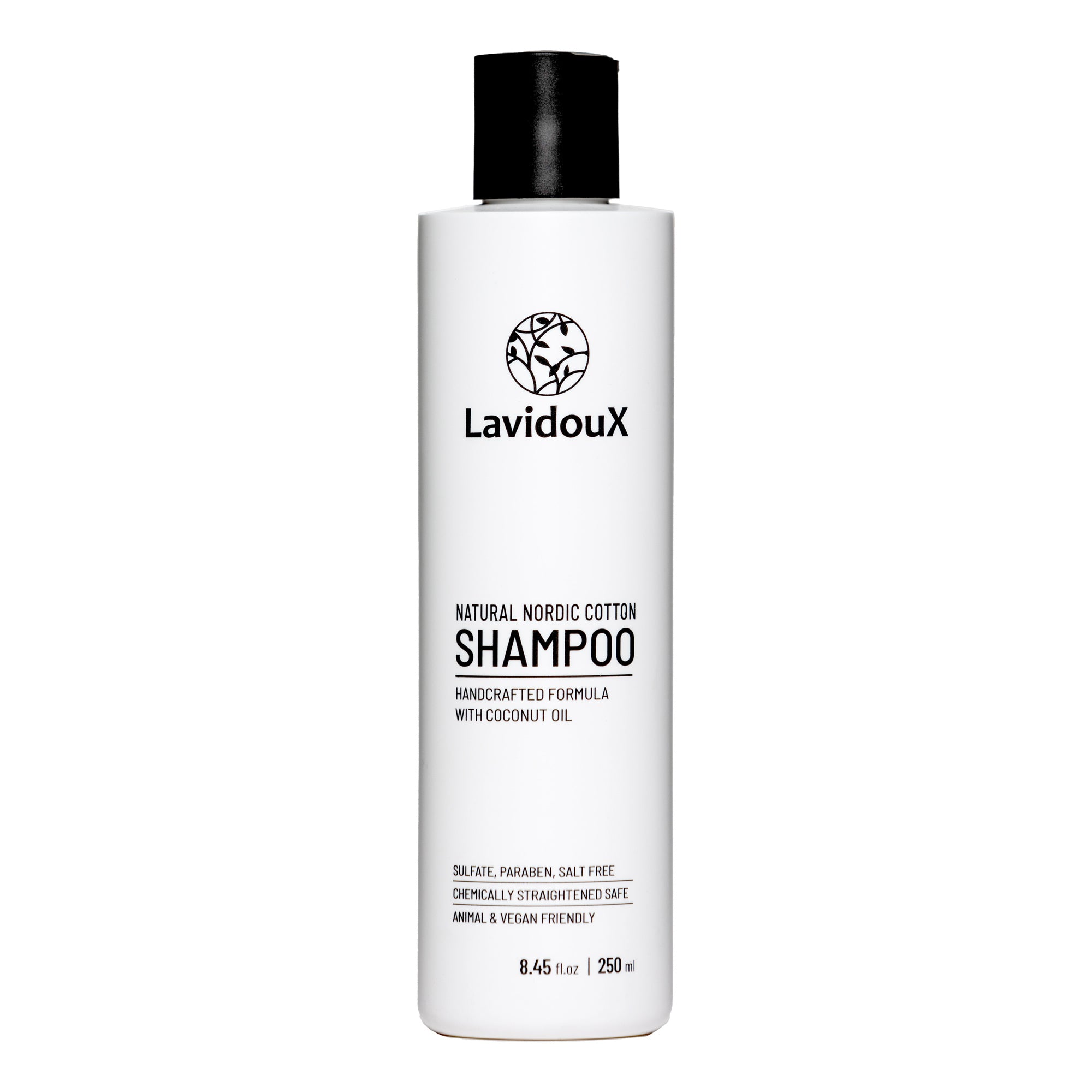 Nordic Cotton Shampoo bottle with natural ingredients, showcasing its gentle formula for all hair types.