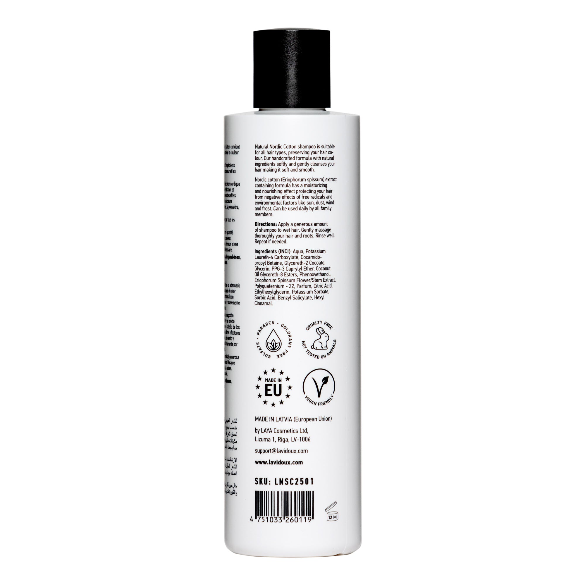 Nordic Cotton Shampoo bottle with natural ingredients, showcasing its gentle formula for all hair types.