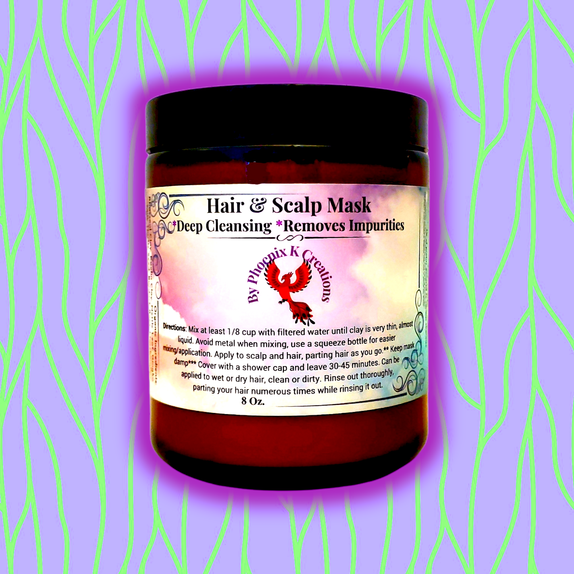 Organic Detoxifying Hair and Scalp Mask in an amber glass jar, showcasing the rich clay texture and natural ingredients like Rhassoul and Kaolin Clay.