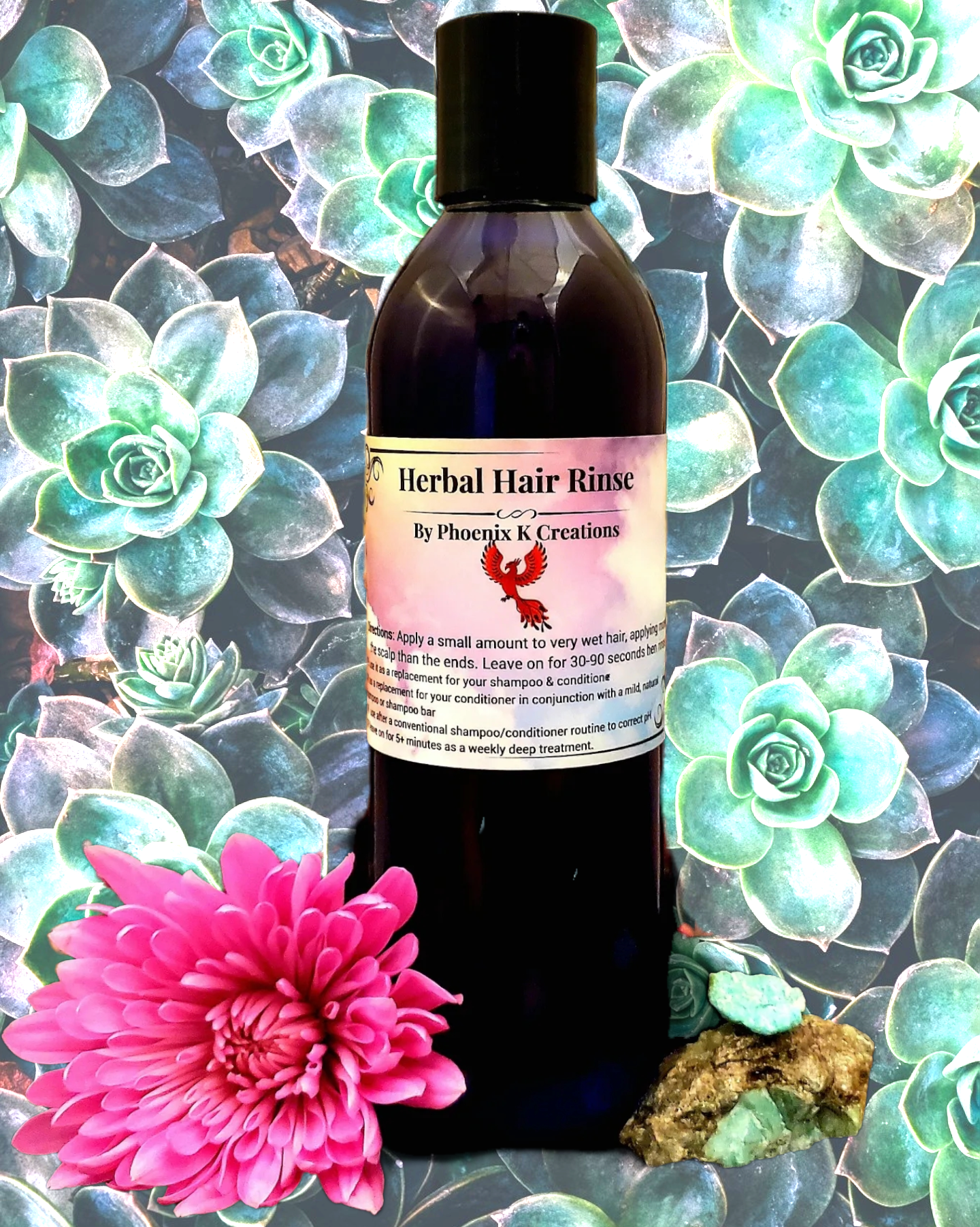 A bottle of Organic Herbal Hair Rinse with a natural herbal infusion, showcasing its clear liquid and label design.