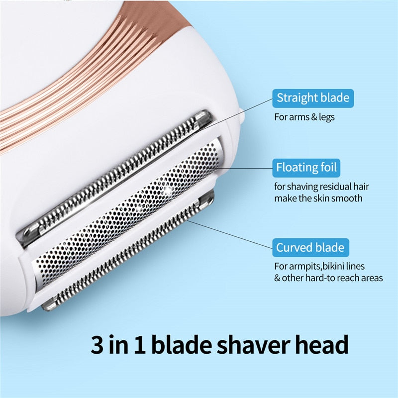 Portable Electric Hair Remover with three blades, designed for painless hair removal on various body parts, shown with USB charging cable.