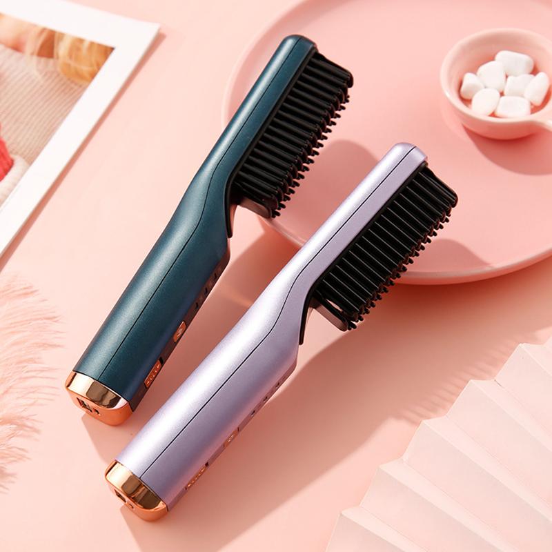 Portable Hair Straightener Curling Wireless Ion Comb with USB charging capability, showcasing its sleek design and dual-purpose functionality.