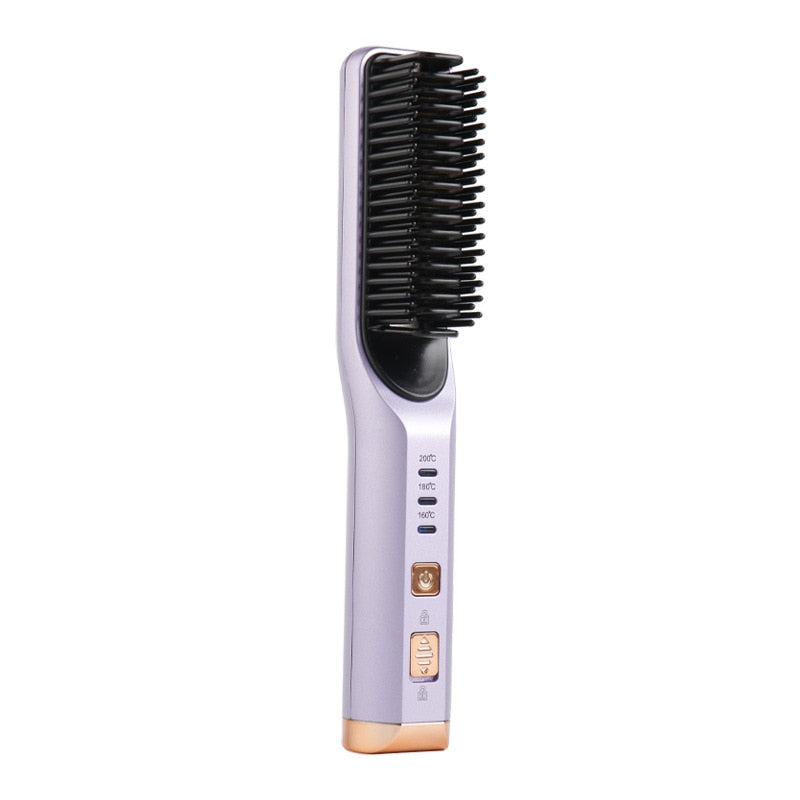 Portable Hair Straightener Curling Wireless Ion Comb with USB charging capability, showcasing its sleek design and dual-purpose functionality.