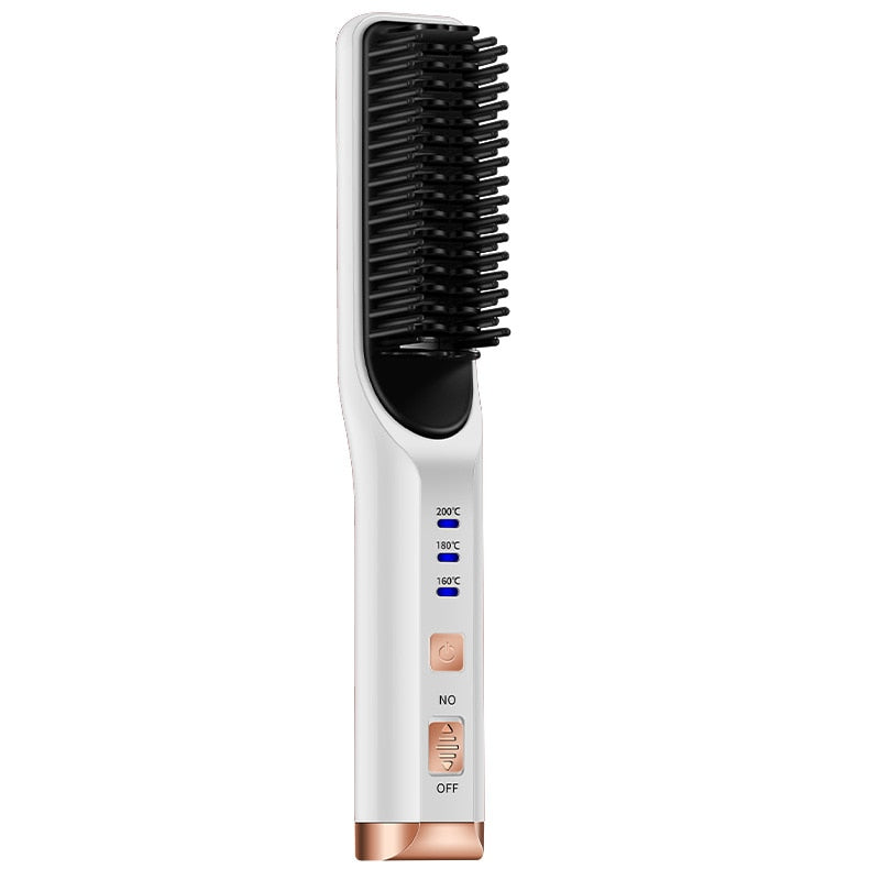 Portable Hair Straightener Curling Wireless Ion Comb with USB charging capability, showcasing its sleek design and dual-purpose functionality.