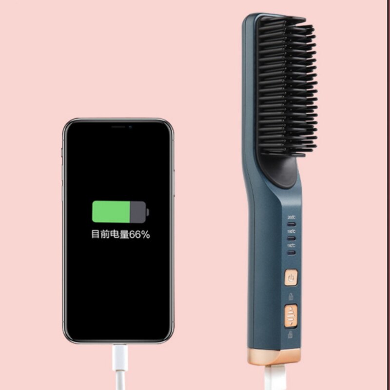 Portable Hair Straightener Curling Wireless Ion Comb with USB charging capability, showcasing its sleek design and dual-purpose functionality.