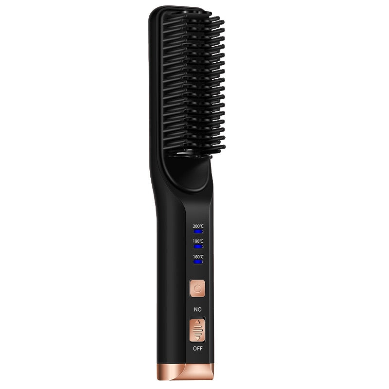 Portable Hair Straightener Curling Wireless Ion Comb with USB charging capability, showcasing its sleek design and dual-purpose functionality.