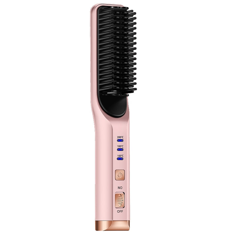 Portable Hair Straightener Curling Wireless Ion Comb with USB charging capability, showcasing its sleek design and dual-purpose functionality.