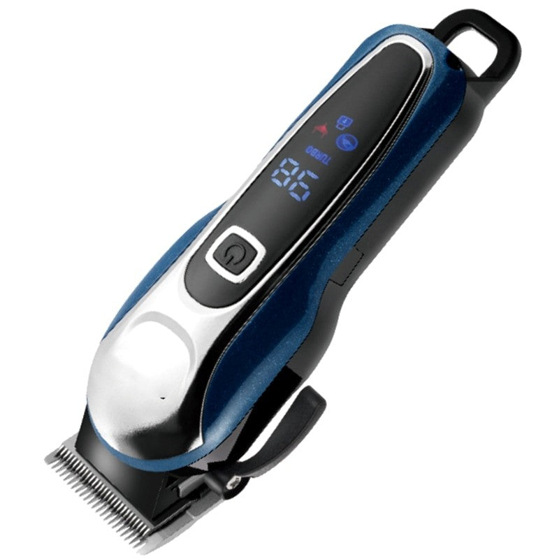 Powerful rechargeable hair clipper with adjustable settings and LCD display, designed for beard and hair grooming.