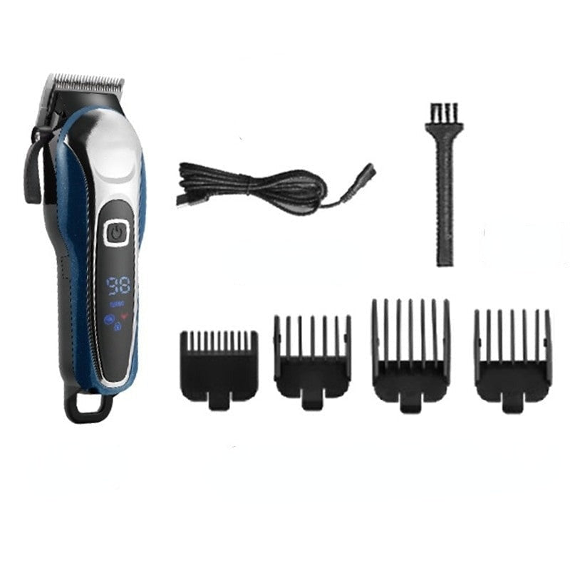 Powerful rechargeable hair clipper with adjustable settings and LCD display, designed for beard and hair grooming.