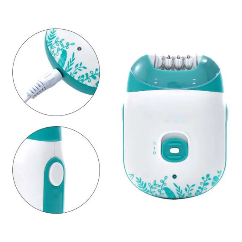 Powerful rechargeable women epilator with stainless steel cutter head, designed for facial hair removal.