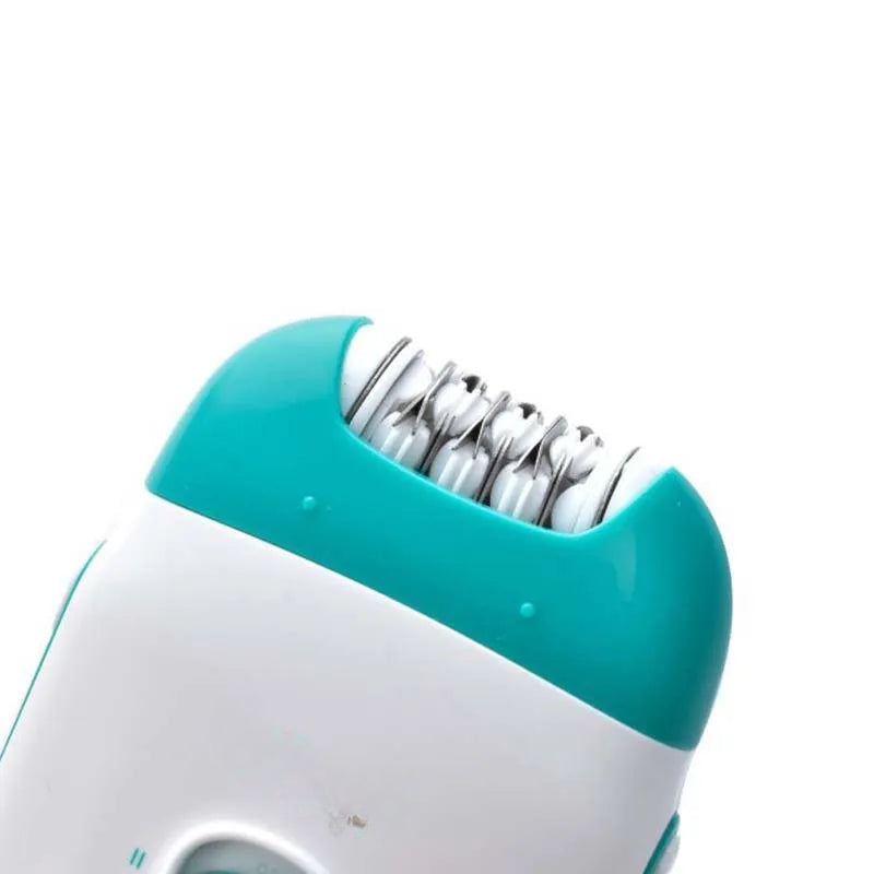 Powerful rechargeable women epilator with stainless steel cutter head, designed for facial hair removal.