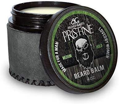 Pristine Beard Balm in a sleek container, showcasing its rich texture and appealing packaging, perfect for beard care and fragrance.