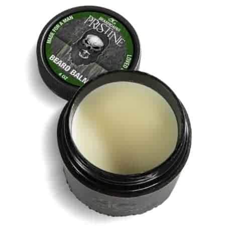 Pristine Beard Balm in a sleek container, showcasing its rich texture and appealing packaging, perfect for beard care and fragrance.