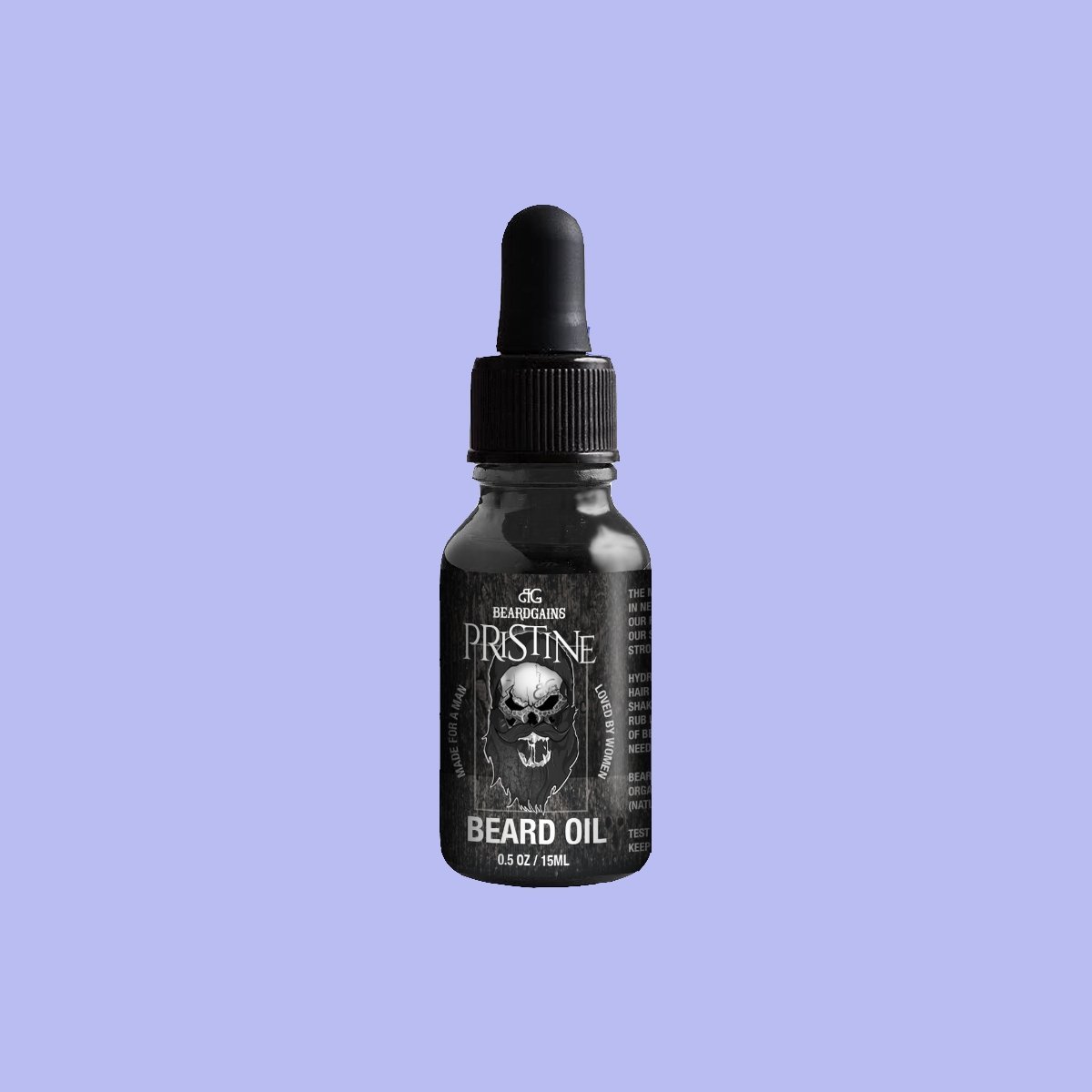 Bottle of Pristine Beard Oil with a sleek design, showcasing its organic ingredients and luxurious scent.