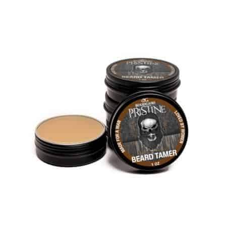 Pristine Beard Wax tin with a clean and fresh design, showcasing its natural ingredients and strong hold for beard styling.