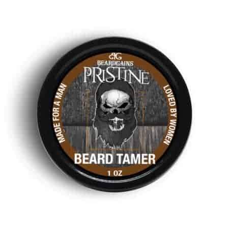 Pristine Beard Wax tin with a clean and fresh design, showcasing its natural ingredients and strong hold for beard styling.