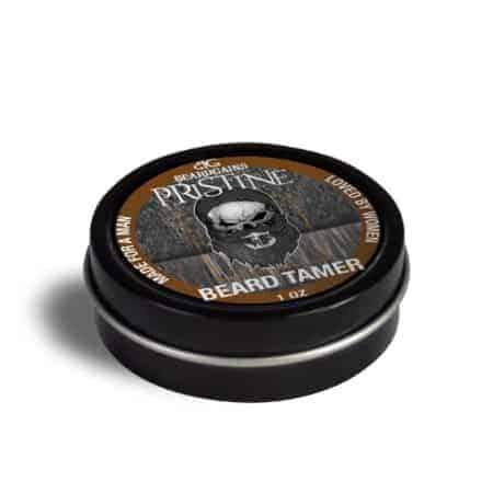 Pristine Beard Wax tin with a clean and fresh design, showcasing its natural ingredients and strong hold for beard styling.