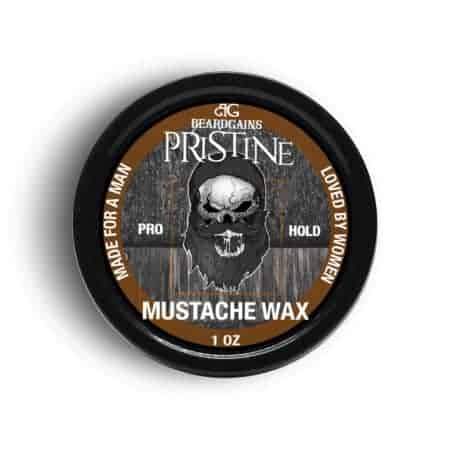 Pristine Mustache Wax tin with a rustic design, showcasing its organic ingredients and strong hold for mustache styling.