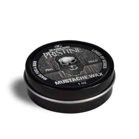 Pristine Mustache Wax tin with a sleek design, showcasing its organic ingredients and strong hold for mustache styling.