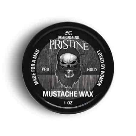 Pristine Mustache Wax tin with a sleek design, showcasing its organic ingredients and strong hold for mustache styling.