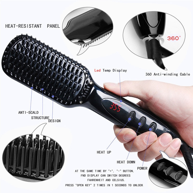 Pro Hair Straightener Hot Comb with LCD display and ergonomic design, ideal for straightening hair and beard with ionic technology.