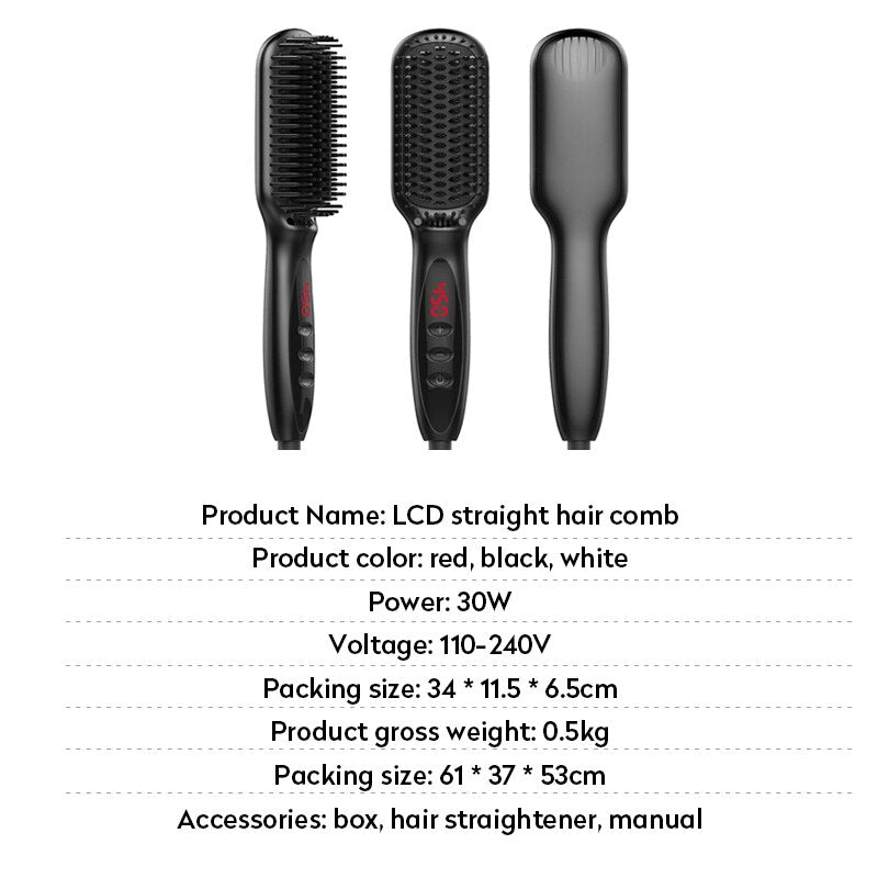 Pro Hair Straightener Hot Comb with LCD display and ergonomic design, ideal for straightening hair and beard with ionic technology.