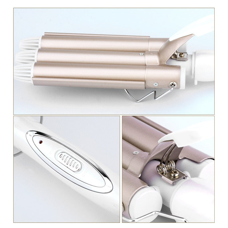 Professional 3 Barrels Big Wave Electric Hair Curlers in gold color, showcasing three barrels for creating beautiful waves.