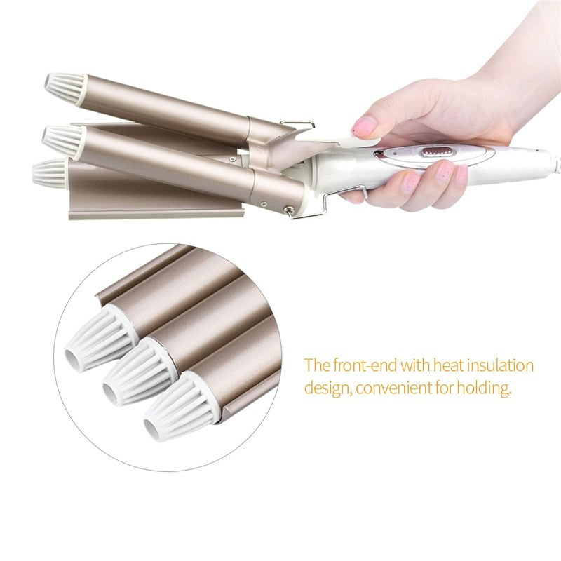 Professional 3 Barrels Big Wave Electric Hair Curlers in gold color, showcasing three barrels for creating beautiful waves.