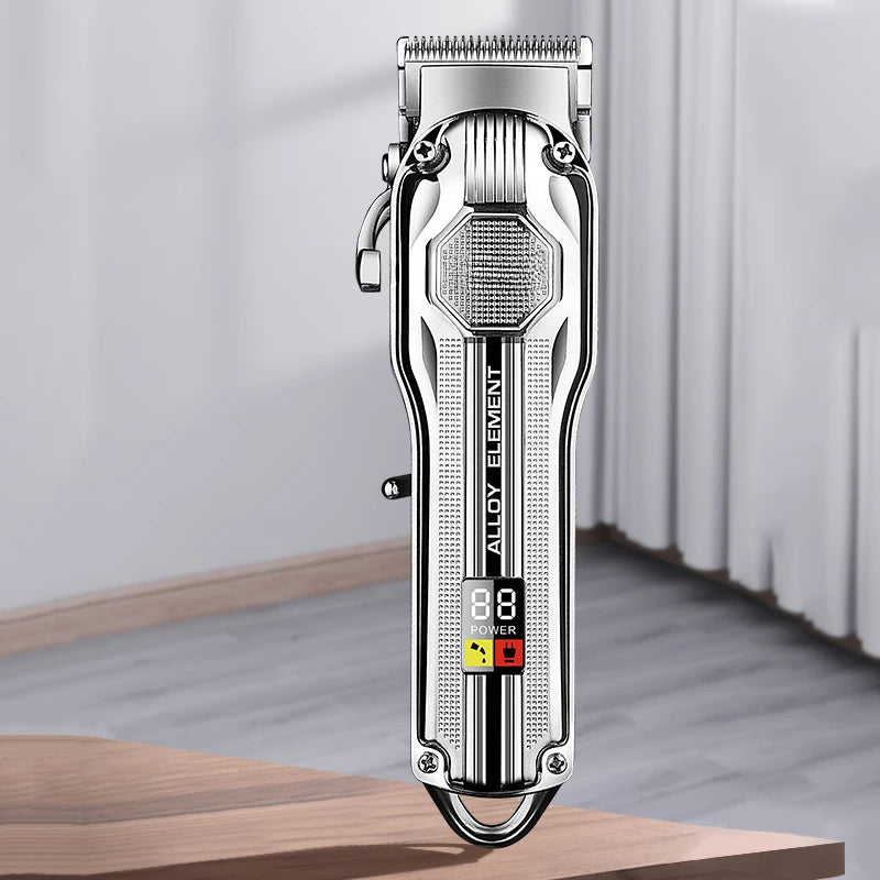 Professional Barber Electric Hair Clipper with metal housing, LCD display, and six guide combs for precise hair cutting.