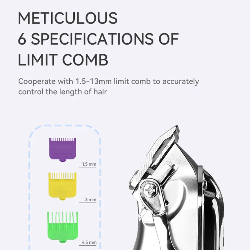 Professional Barber Electric Hair Clipper with metal housing, LCD display, and six guide combs for precise hair cutting.