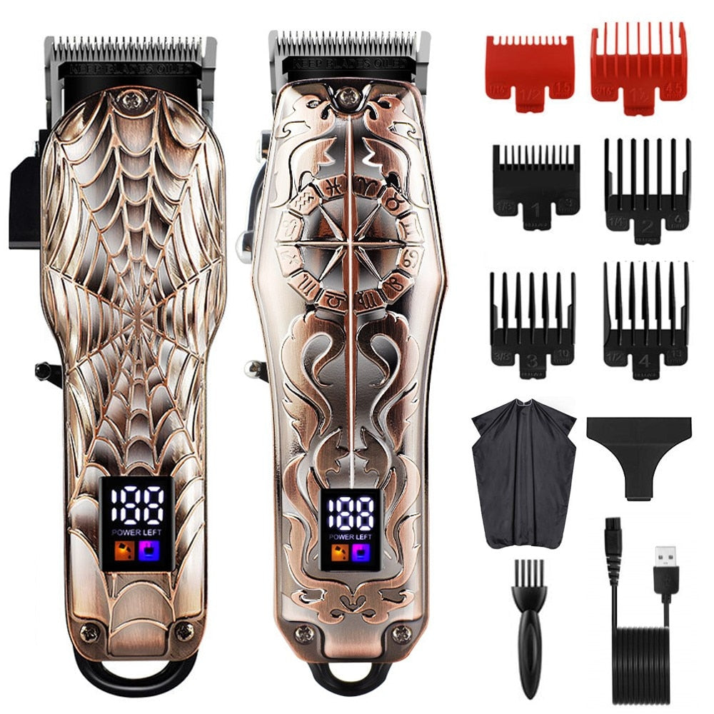 Professional Barber Hair Clippers with LCD display, showcasing a sleek stainless steel design for home and travel use.