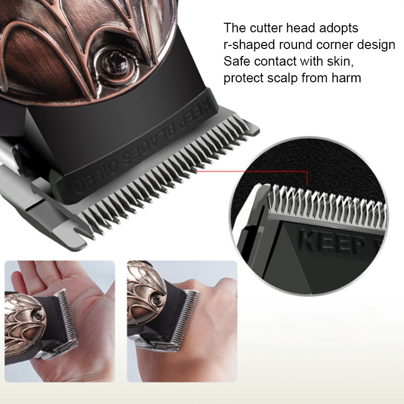 Professional Barber Hair Clippers with LCD display, showcasing a sleek stainless steel design for home and travel use.