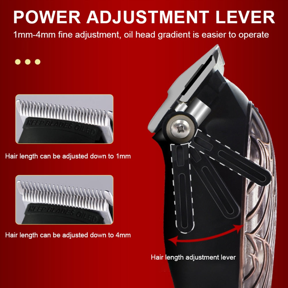 Professional Barber Hair Clippers with LCD display, showcasing a sleek stainless steel design for home and travel use.